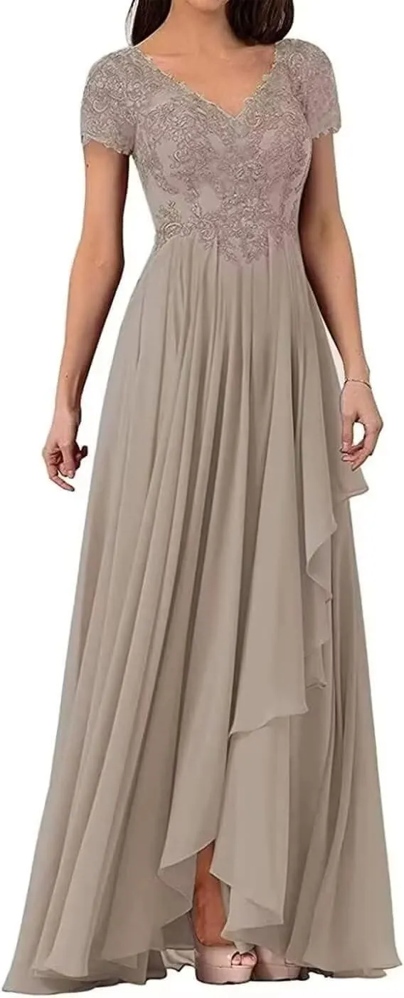 Lace Appliques Mother of The Bride Dresses Long Ruffles Chiffon Evening Dresses with Sleeves