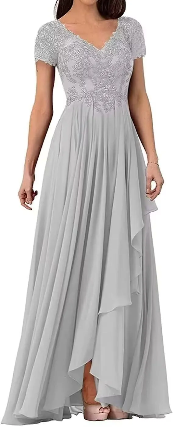 Lace Appliques Mother of The Bride Dresses Long Ruffles Chiffon Evening Dresses with Sleeves