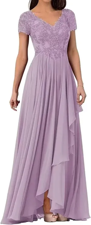 Lace Appliques Mother of The Bride Dresses Long Ruffles Chiffon Evening Dresses with Sleeves