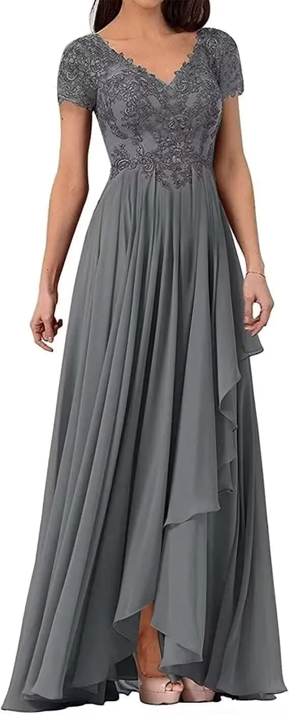 Lace Appliques Mother of The Bride Dresses Long Ruffles Chiffon Evening Dresses with Sleeves