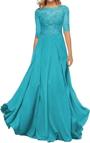 Lace Appliques Mother of The Bride Dresses with Half Sleeve Chiffon A line Formal Evening Gown for Women