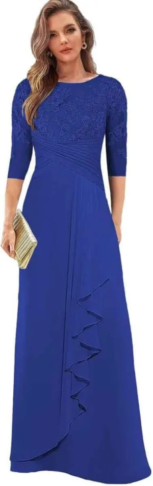Lace Appliques Mother of The Bride Dresses with Sleeves Chiffon Formal Dress for Women Ruffles Evening Gown