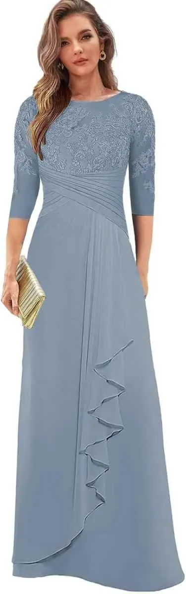 Lace Appliques Mother of The Bride Dresses with Sleeves Chiffon Formal Dress for Women Ruffles Evening Gown