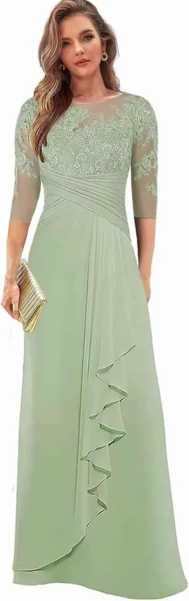 Lace Appliques Mother of The Bride Dresses with Sleeves Chiffon Formal Dress for Women Ruffles Evening Gown