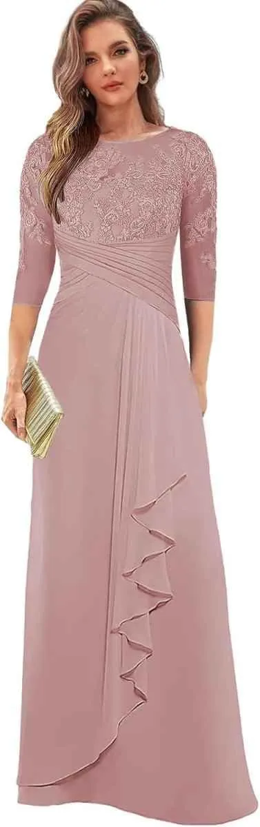 Lace Appliques Mother of The Bride Dresses with Sleeves Chiffon Formal Dress for Women Ruffles Evening Gown