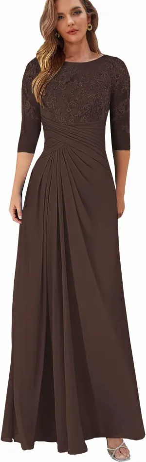 Lace Appliques Mother of The Bride Dresses with Sleeves Chiffon Wedding Guest Formal Dress for Women