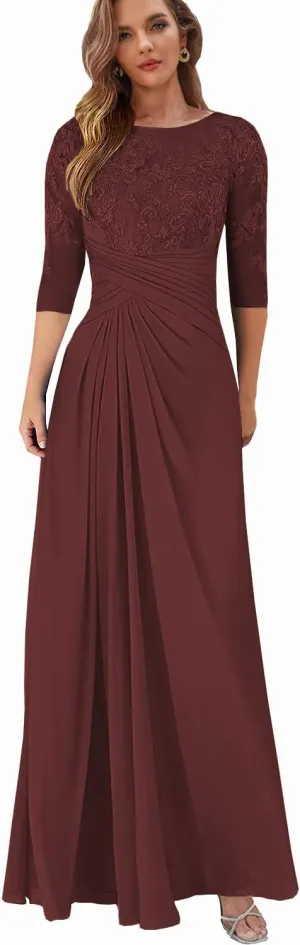 Lace Appliques Mother of The Bride Dresses with Sleeves Chiffon Wedding Guest Formal Dress for Women