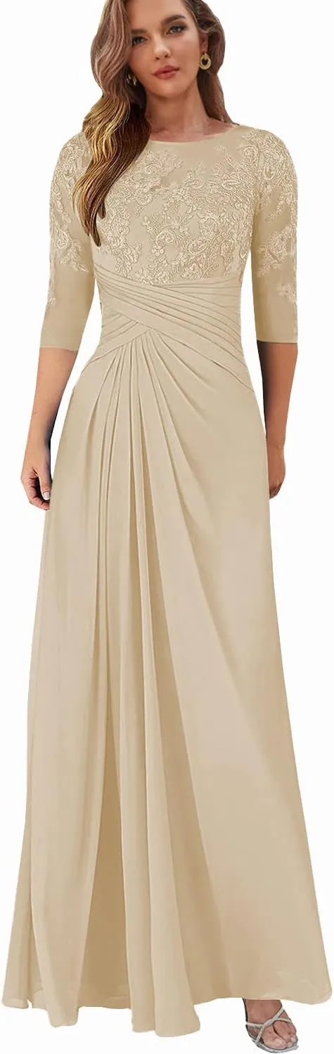 Lace Appliques Mother of The Bride Dresses with Sleeves Chiffon Wedding Guest Formal Dress for Women