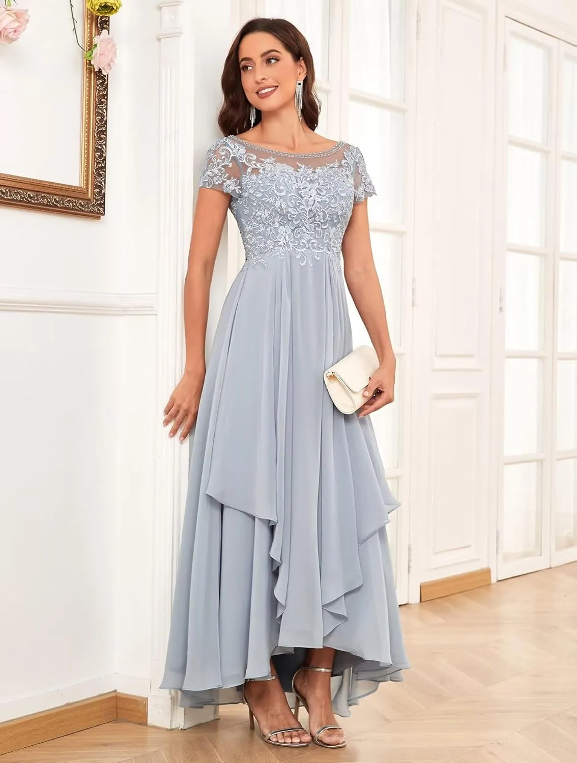 Lace Mother of The Bride Dresses for Wedding Scoop Neck Short Sleeve Ruffle Chiffon Formal Evening Gown