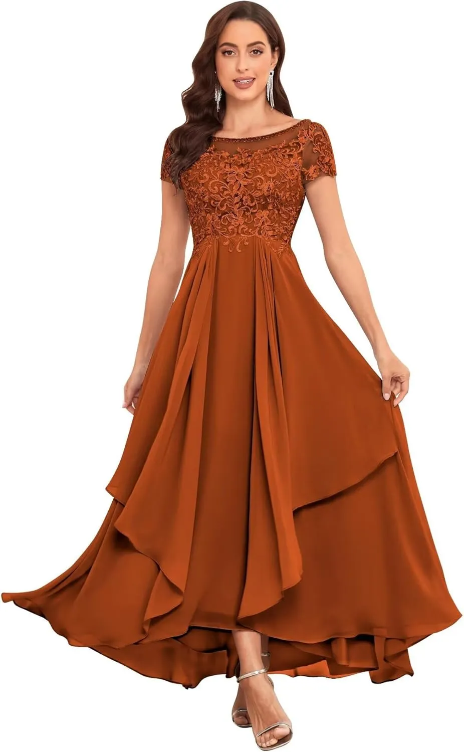 Lace Mother of The Bride Dresses for Wedding Scoop Neck Short Sleeve Ruffle Chiffon Formal Evening Gown