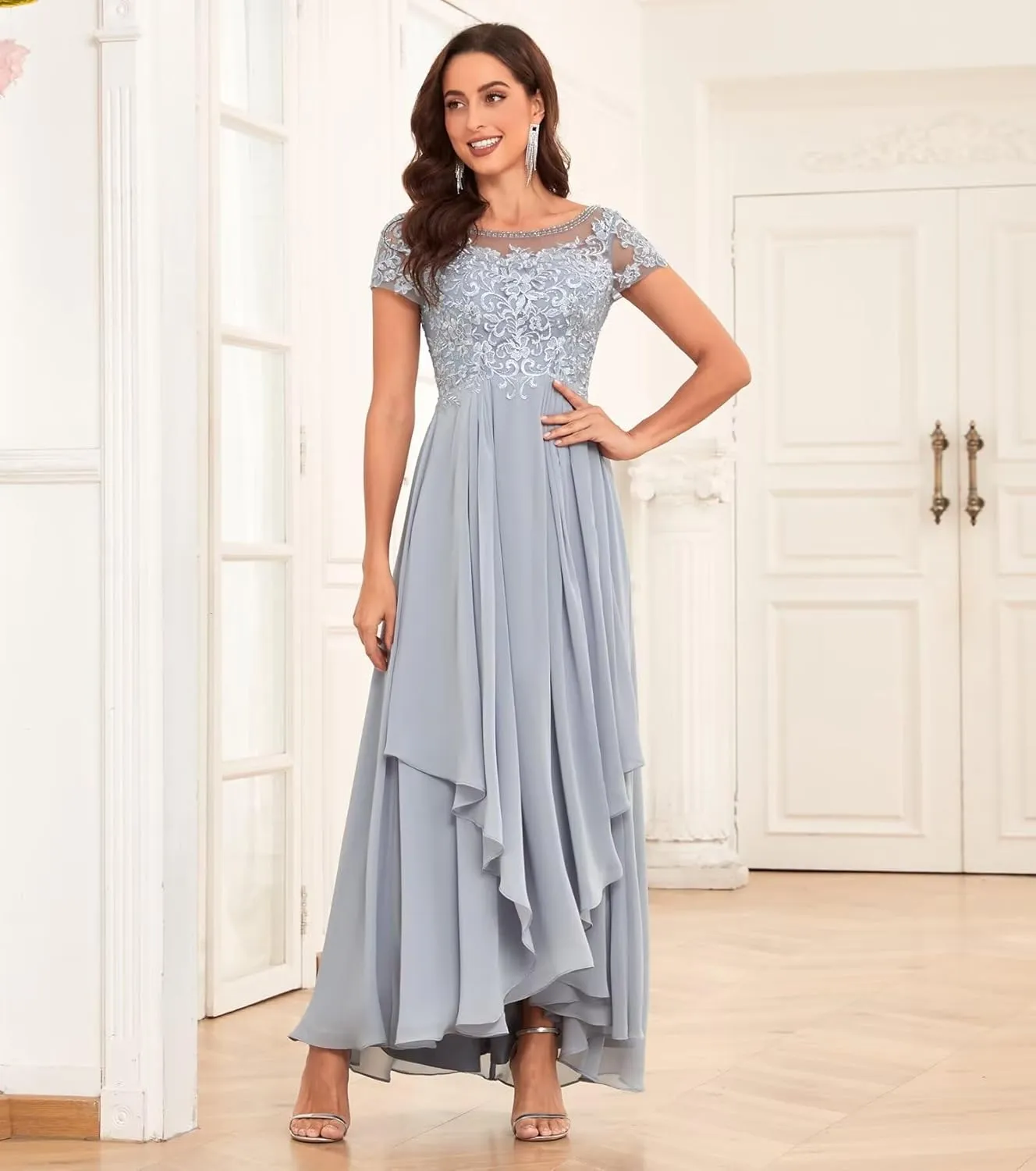 Lace Mother of The Bride Dresses for Wedding Scoop Neck Short Sleeve Ruffle Chiffon Formal Evening Gown