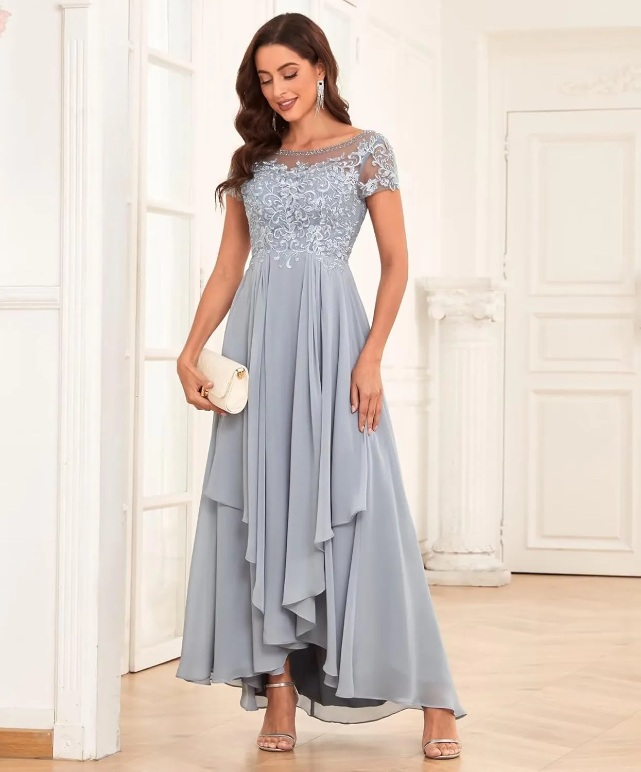 Lace Mother of The Bride Dresses for Wedding Scoop Neck Short Sleeve Ruffle Chiffon Formal Evening Gown