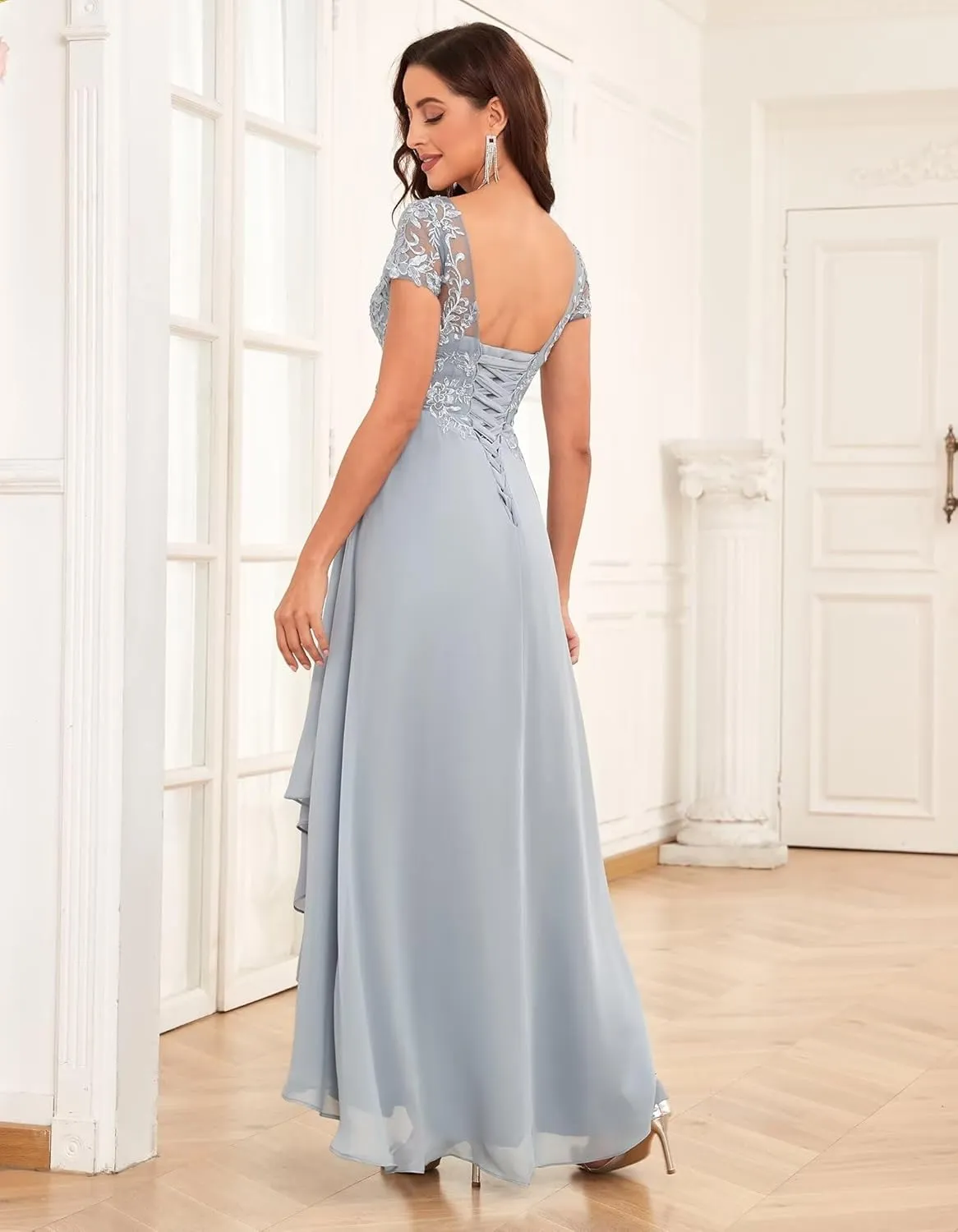 Lace Mother of The Bride Dresses for Wedding Scoop Neck Short Sleeve Ruffle Chiffon Formal Evening Gown