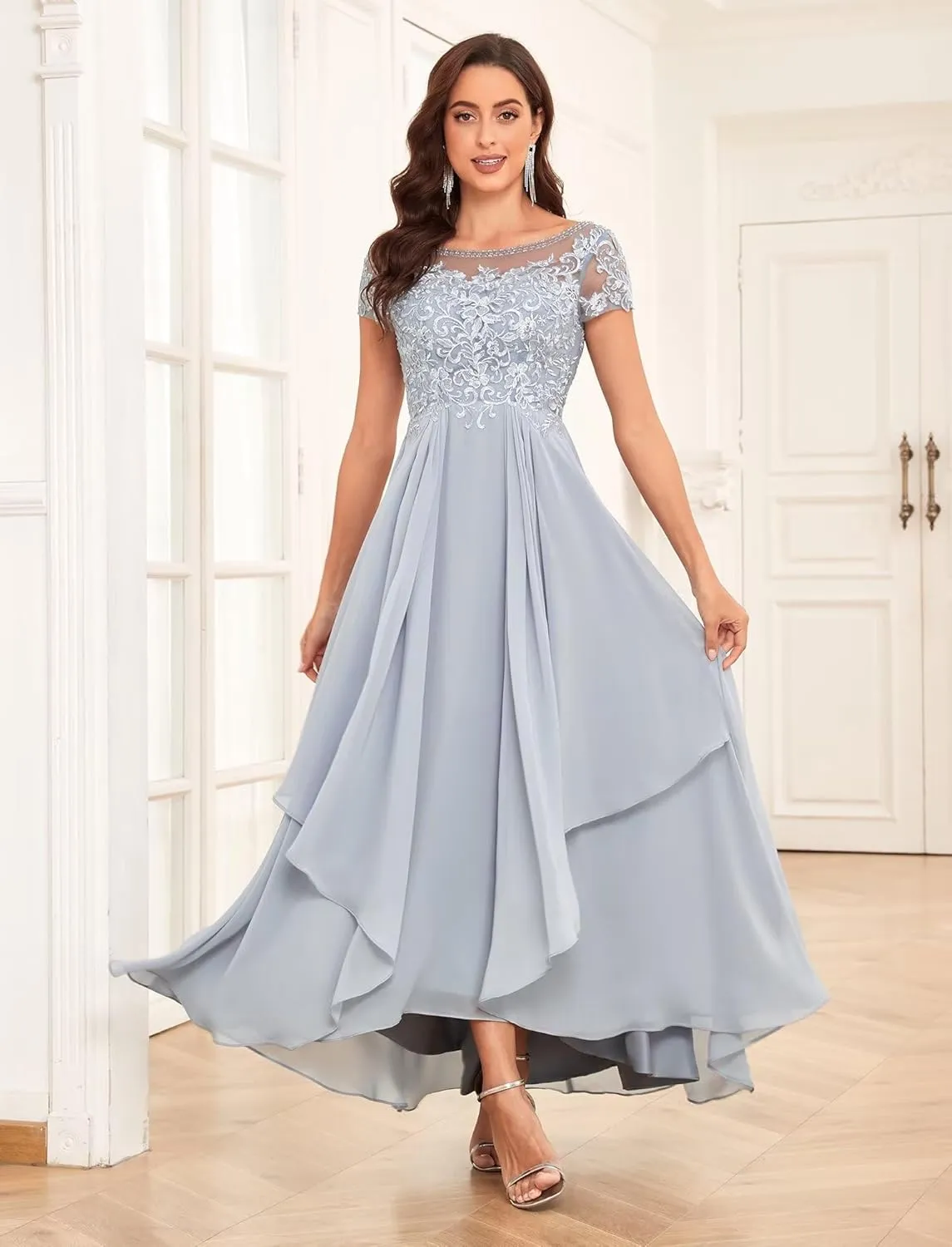 Lace Mother of The Bride Dresses for Wedding Scoop Neck Short Sleeve Ruffle Chiffon Formal Evening Gown