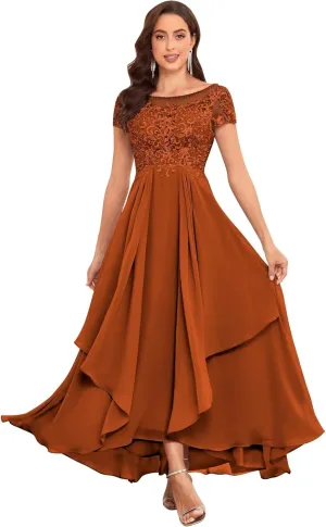 Lace Mother of The Bride Dresses for Wedding Scoop Neck Short Sleeve Ruffle Chiffon Formal Evening Gown