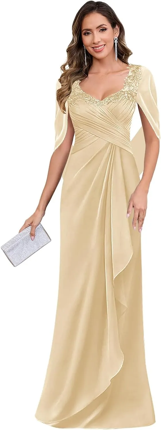 Lace Mother of The Bride Dresses for Women Chiffon Mermaid Cape Sleeve Long Formal Dress for Wedding