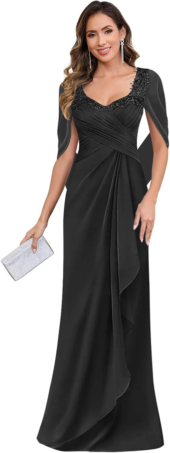 Lace Mother of The Bride Dresses for Women Chiffon Mermaid Cape Sleeve Long Formal Dress for Wedding