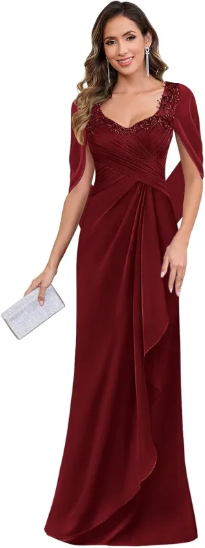 Lace Mother of The Bride Dresses for Women Chiffon Mermaid Cape Sleeve Long Formal Dress for Wedding
