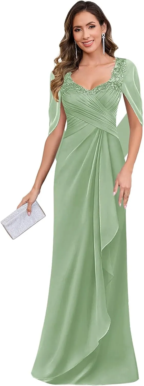 Lace Mother of The Bride Dresses for Women Chiffon Mermaid Cape Sleeve Long Formal Dress for Wedding
