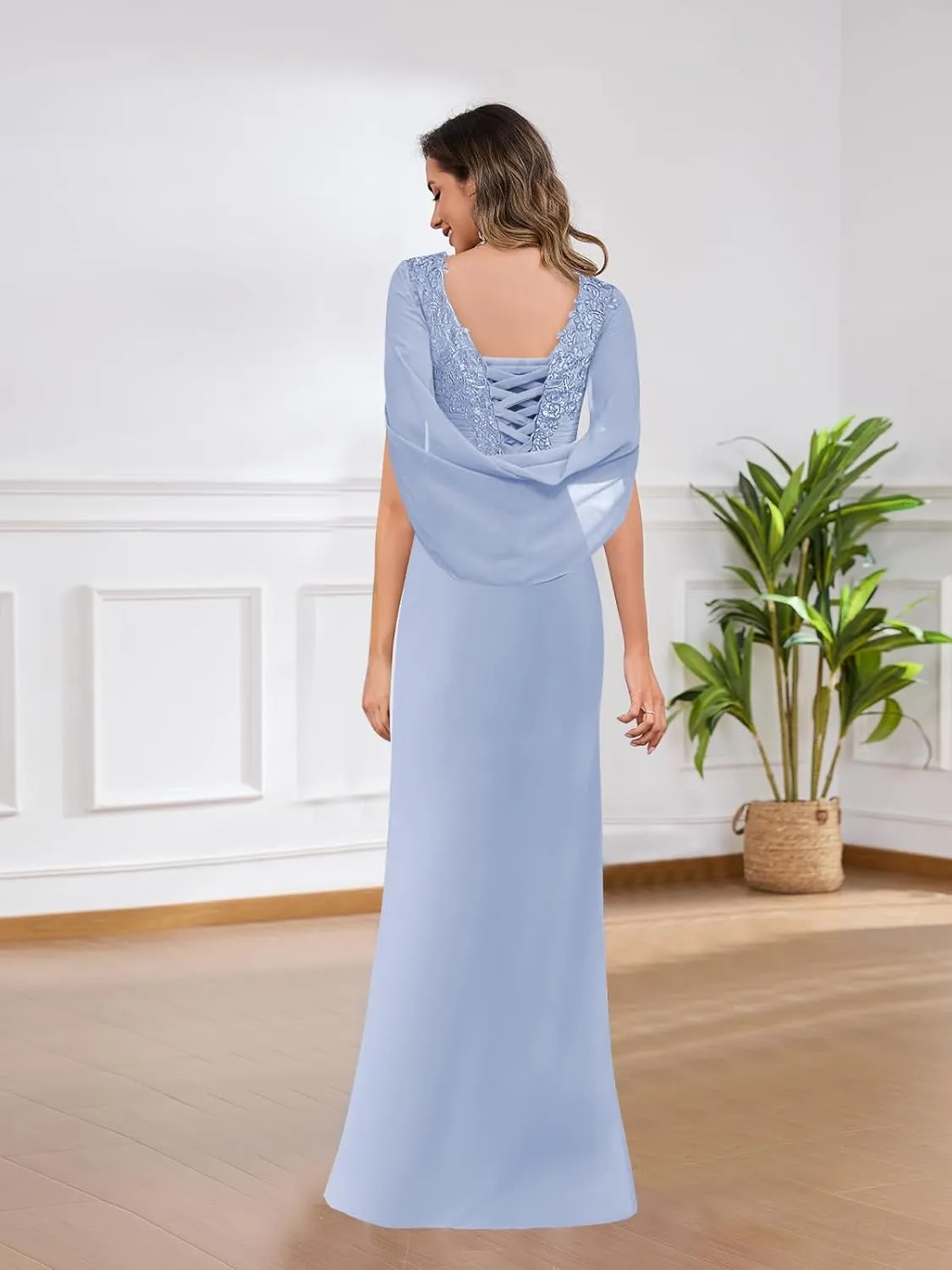 Lace Mother of The Bride Dresses for Women Chiffon Mermaid Cape Sleeve Long Formal Dress for Wedding