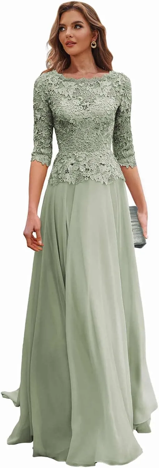 Lace Mother of The Bride Dresses for Women Chiffon Wedding Party Dress with Sleeves Long Formal Gown