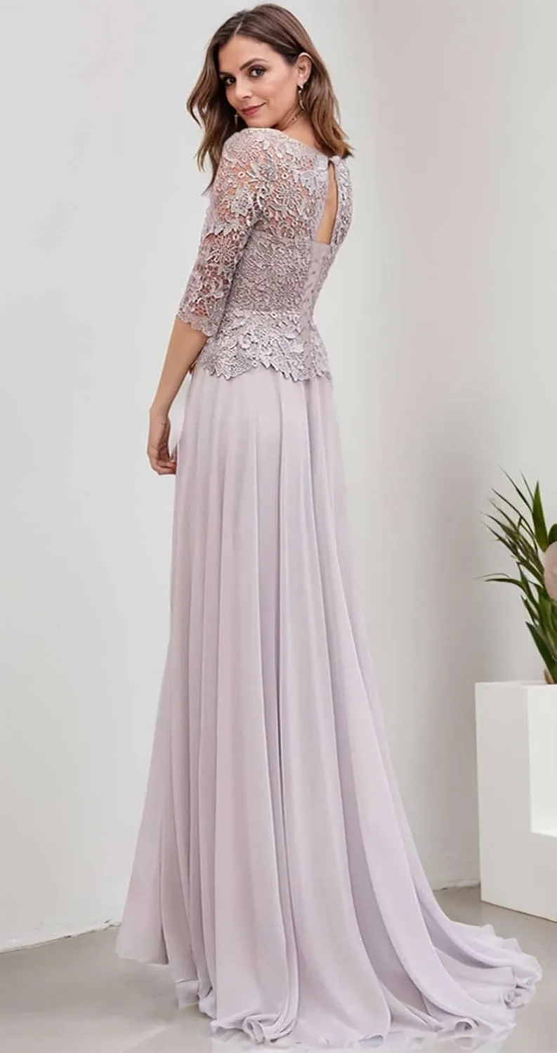 Lace Mother of The Bride Dresses for Women Chiffon Wedding Party Dress with Sleeves Long Formal Gown
