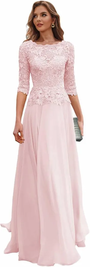 Lace Mother of The Bride Dresses for Women Chiffon Wedding Party Dress with Sleeves Long Formal Gown