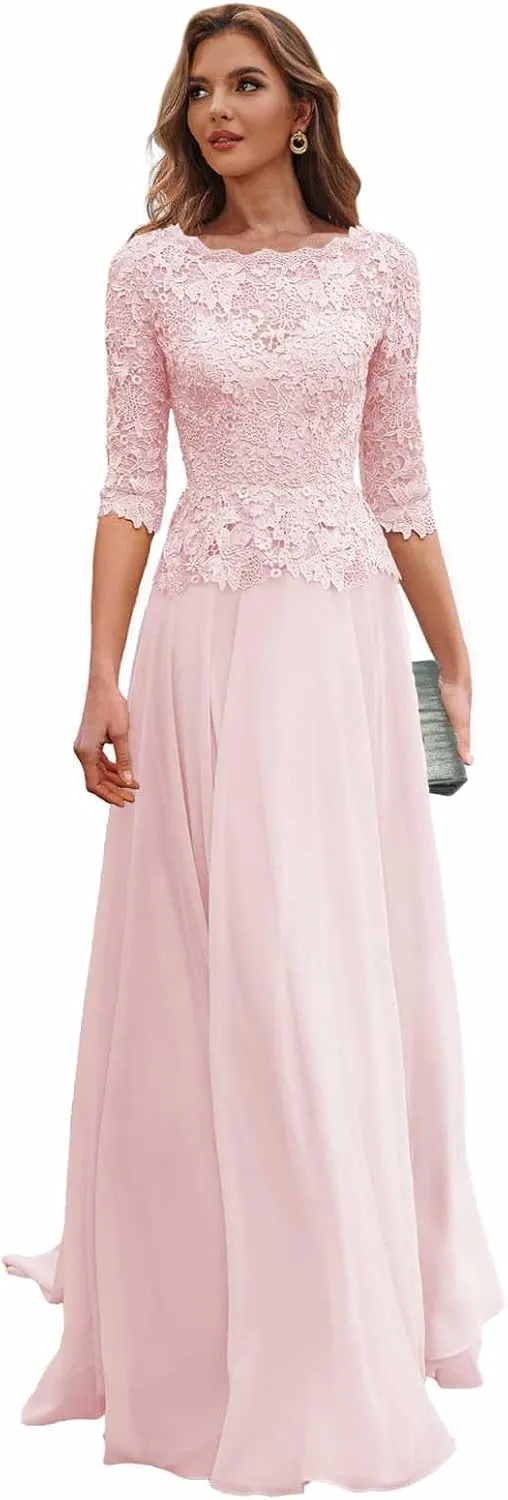 Lace Mother of The Bride Dresses for Women Chiffon Wedding Party Dress with Sleeves Long Formal Gown