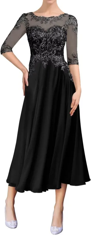 Lace Mother of The Bride Dresses Half Sleeve Chiffon Ruffle Wedding Guest Dresses for Women Scoop