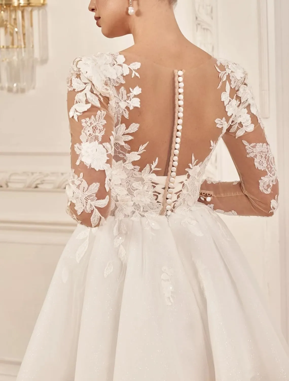 Lace Tea Length Wedding Dresses for Bride A-Line Long Sleeve Bridal Gown Appliques Formal Evening Gowns