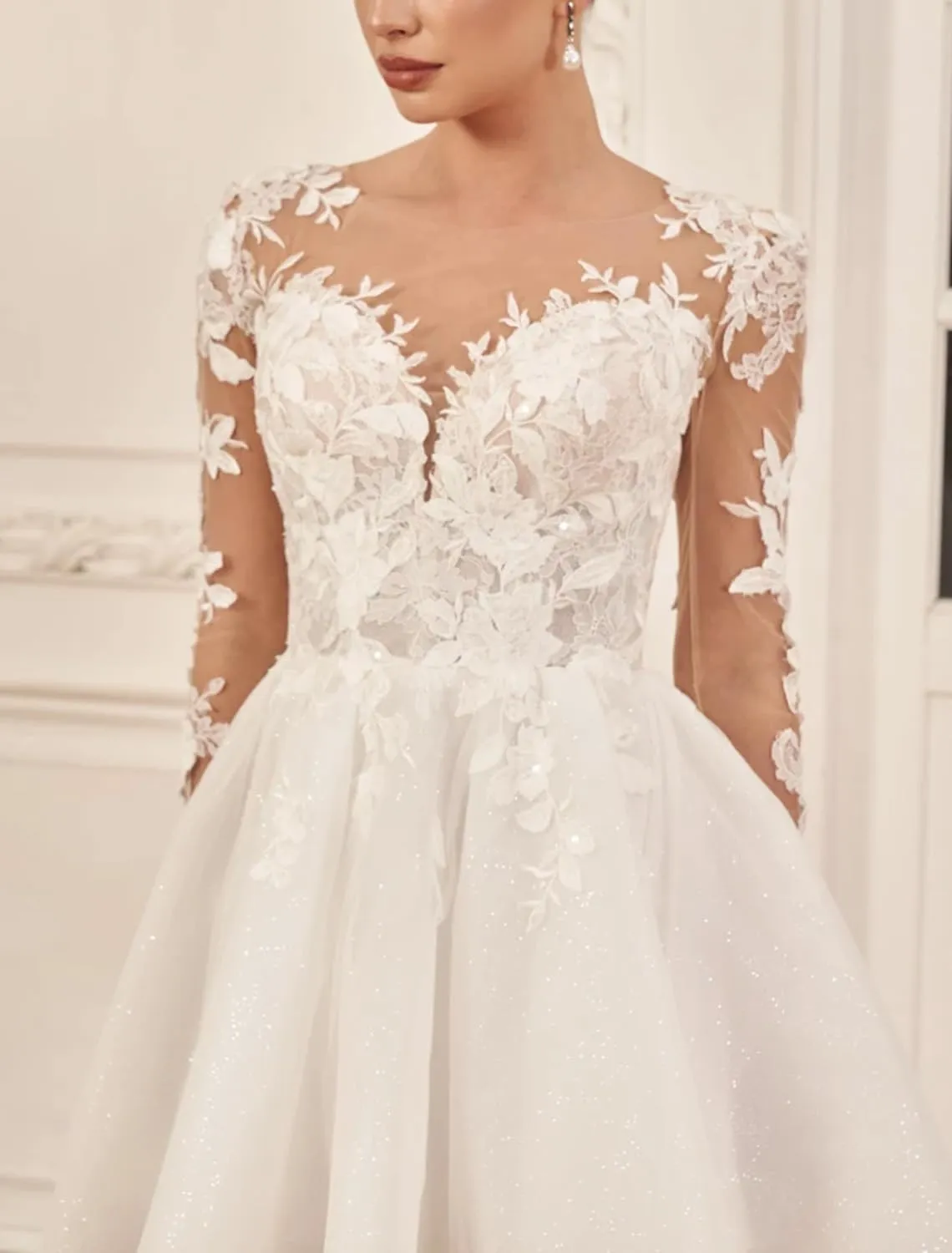 Lace Tea Length Wedding Dresses for Bride A-Line Long Sleeve Bridal Gown Appliques Formal Evening Gowns
