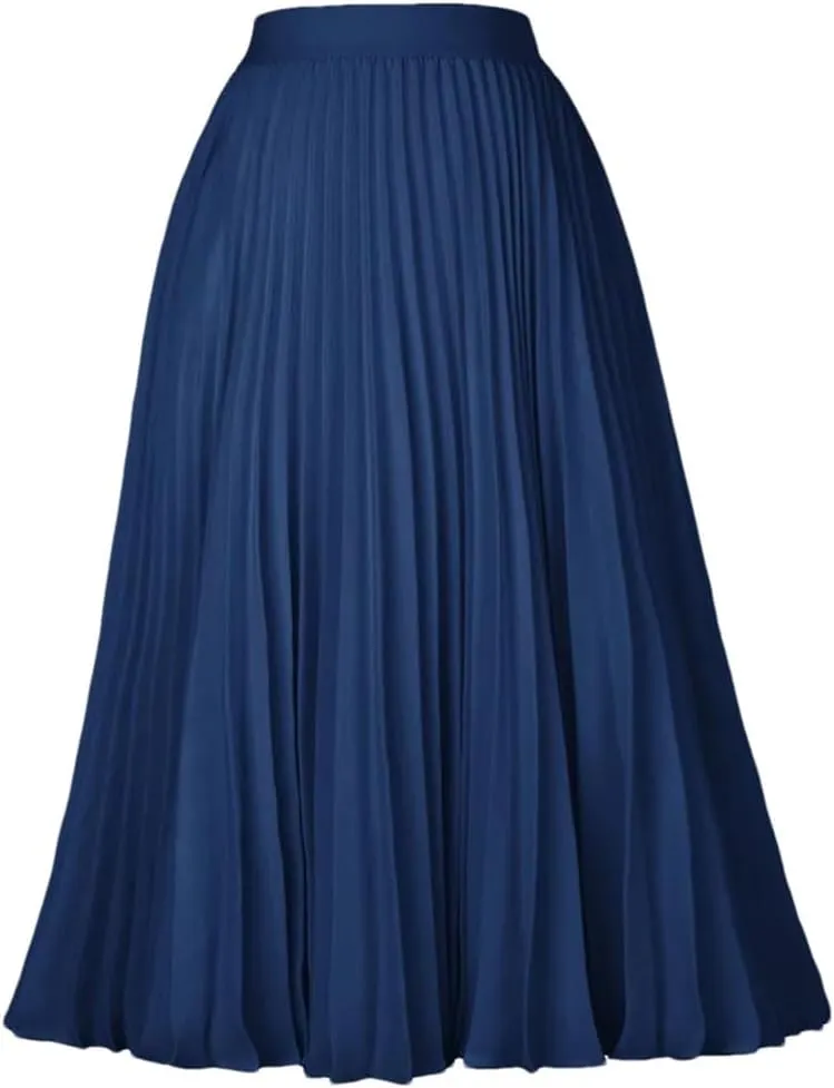 Ladies Pleated Skirts, Elastic Waist, Solid-Color, High Waist, Lined Retro Skirts