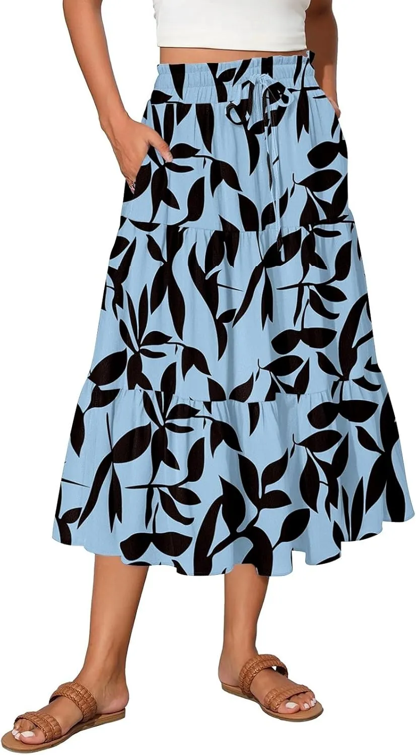 Ladies Skirts High Waist Flowy A-Line Maxi Skirt Long Bohemian Skirt Summer