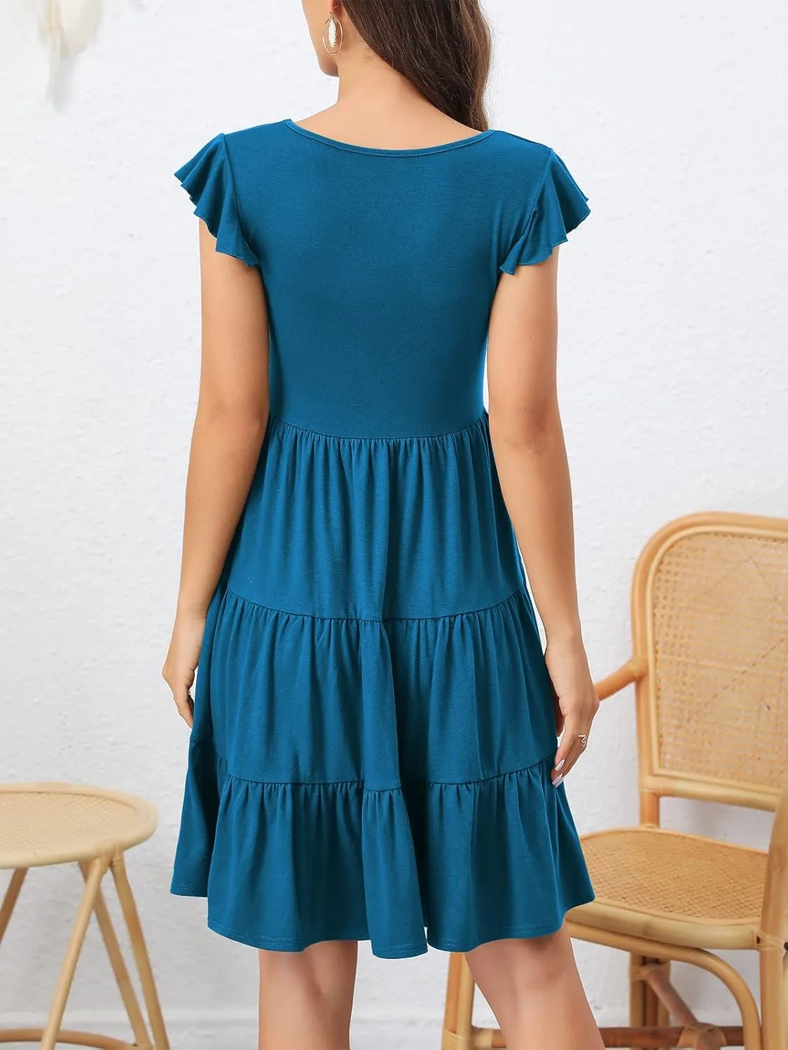 Lamilus Summer Dresses for Women 2023 Casual V Neck Button Down Ruffle Sleeve Short Tiered Baby Doll Beach Swing Sundresses