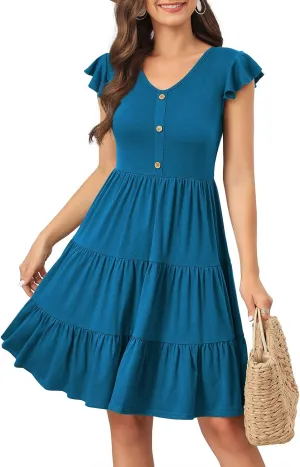 Lamilus Summer Dresses for Women 2023 Casual V Neck Button Down Ruffle Sleeve Short Tiered Baby Doll Beach Swing Sundresses