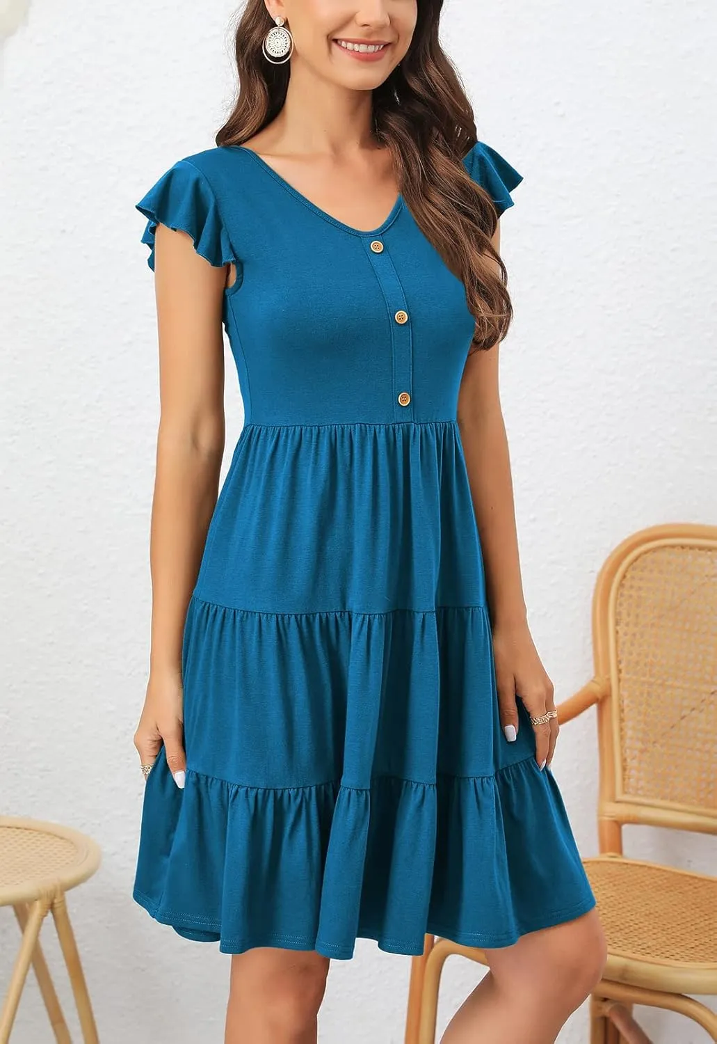 Lamilus Summer Dresses for Women 2023 Casual V Neck Button Down Ruffle Sleeve Short Tiered Baby Doll Beach Swing Sundresses