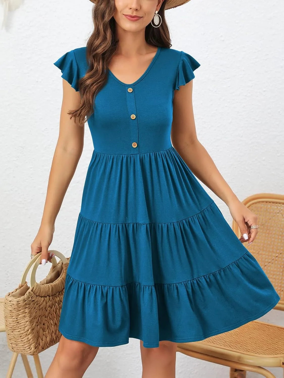 Lamilus Summer Dresses for Women 2023 Casual V Neck Button Down Ruffle Sleeve Short Tiered Baby Doll Beach Swing Sundresses