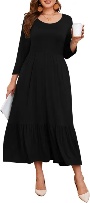 LARACE 3/4 Sleeve Dresses for Women Plus Size Casual Long Maxi Fall Winter Dress with Pockets (L-6XL)