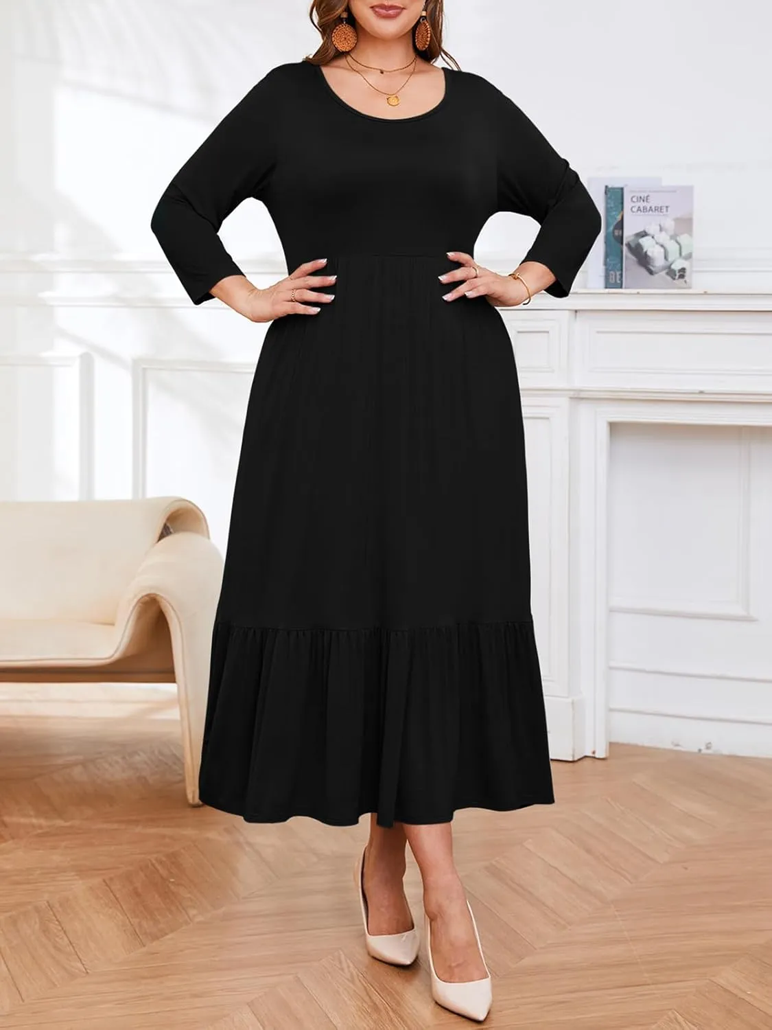 LARACE 3/4 Sleeve Dresses for Women Plus Size Casual Long Maxi Fall Winter Dress with Pockets (L-6XL)