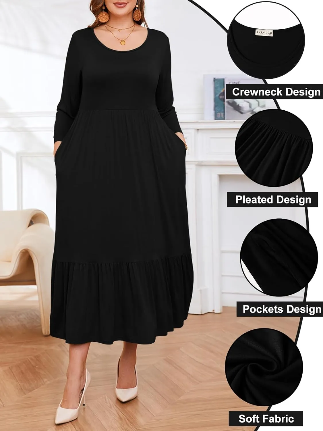 LARACE 3/4 Sleeve Dresses for Women Plus Size Casual Long Maxi Fall Winter Dress with Pockets (L-6XL)