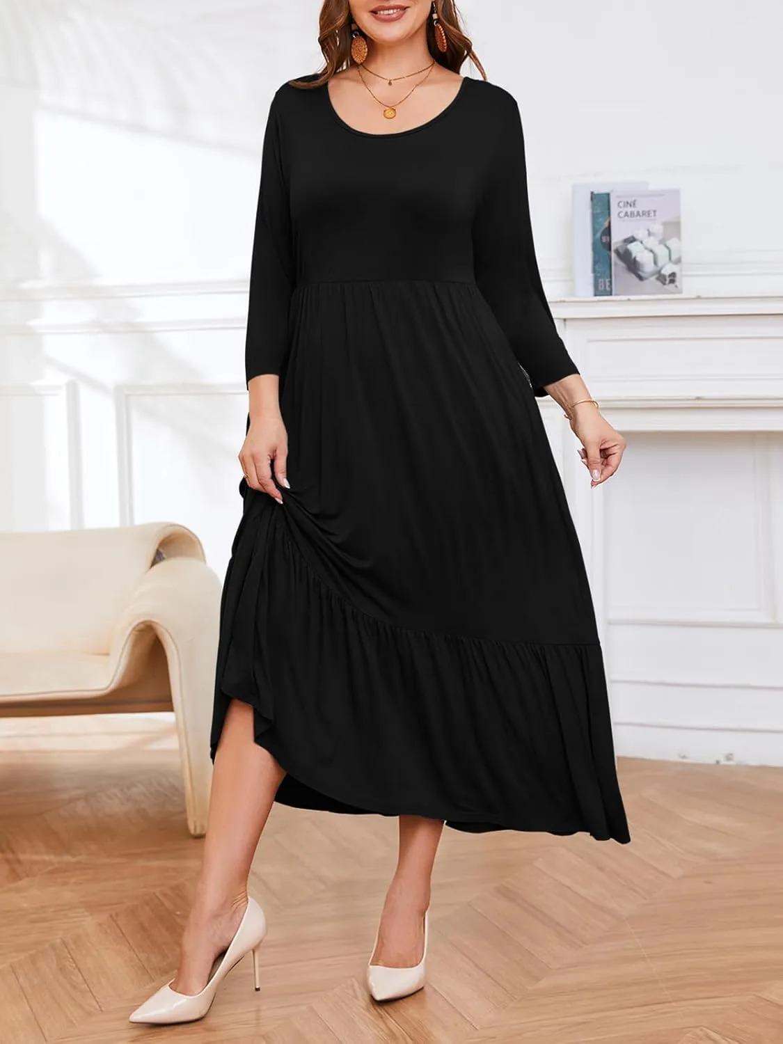 LARACE 3/4 Sleeve Dresses for Women Plus Size Casual Long Maxi Fall Winter Dress with Pockets (L-6XL)