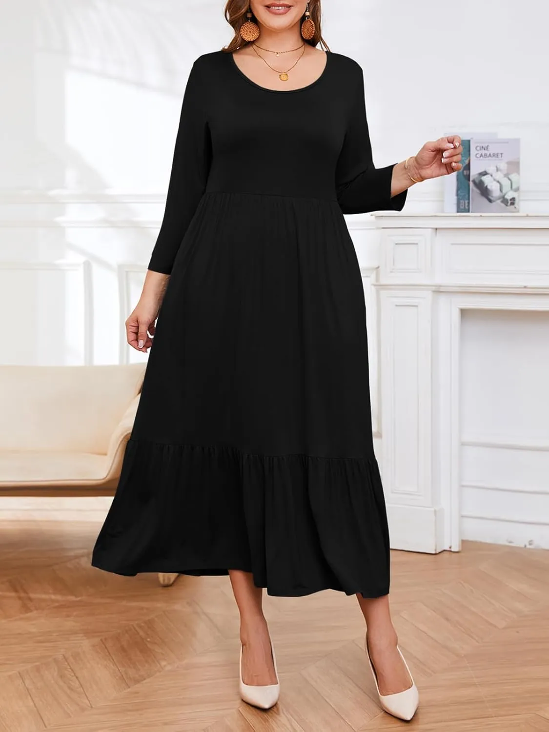 LARACE 3/4 Sleeve Dresses for Women Plus Size Casual Long Maxi Fall Winter Dress with Pockets (L-6XL)