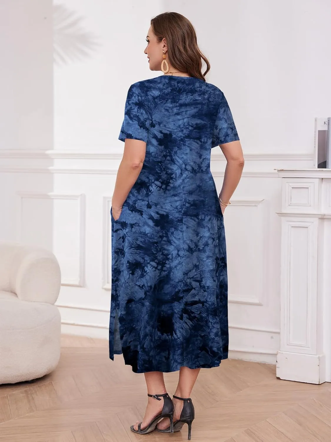 LARACE Plus Size Maxi Dress for Womens Summer Short Sleeve T Shirt Dress with Pockets Loose Fit Casual Sundresses with Slit