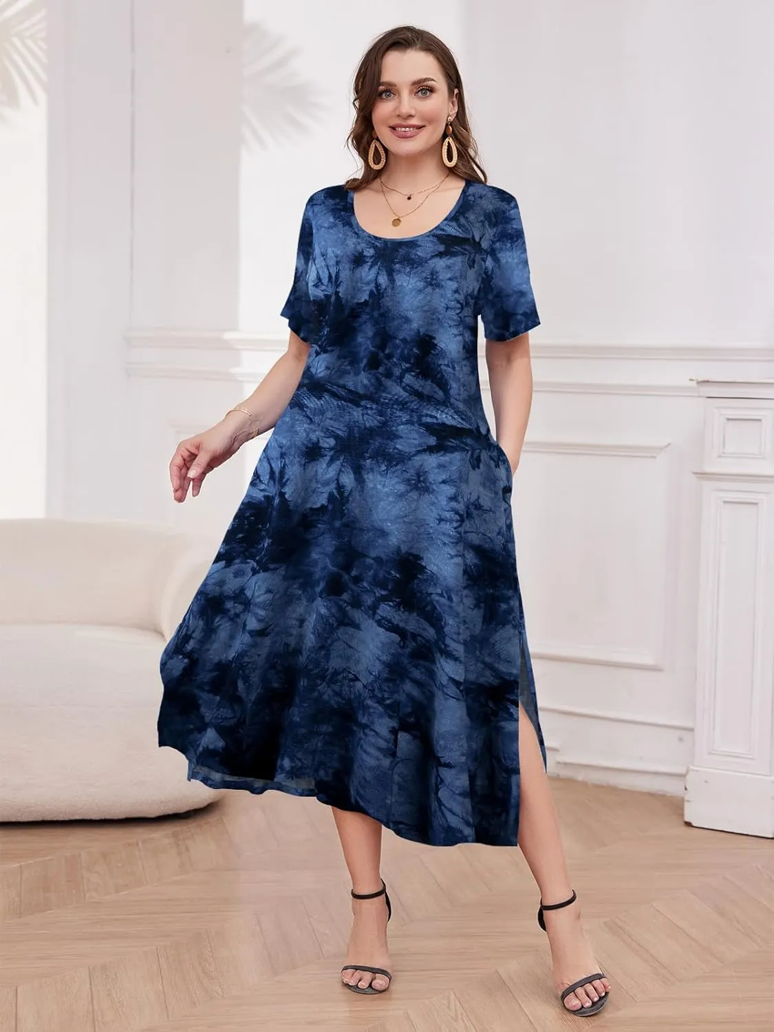 LARACE Plus Size Maxi Dress for Womens Summer Short Sleeve T Shirt Dress with Pockets Loose Fit Casual Sundresses with Slit