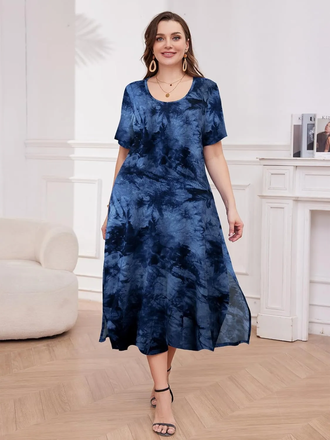 LARACE Plus Size Maxi Dress for Womens Summer Short Sleeve T Shirt Dress with Pockets Loose Fit Casual Sundresses with Slit