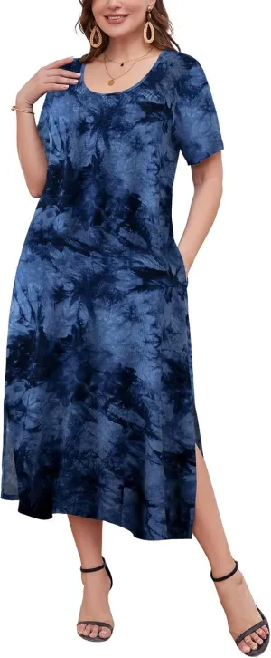LARACE Plus Size Maxi Dress for Womens Summer Short Sleeve T Shirt Dress with Pockets Loose Fit Casual Sundresses with Slit