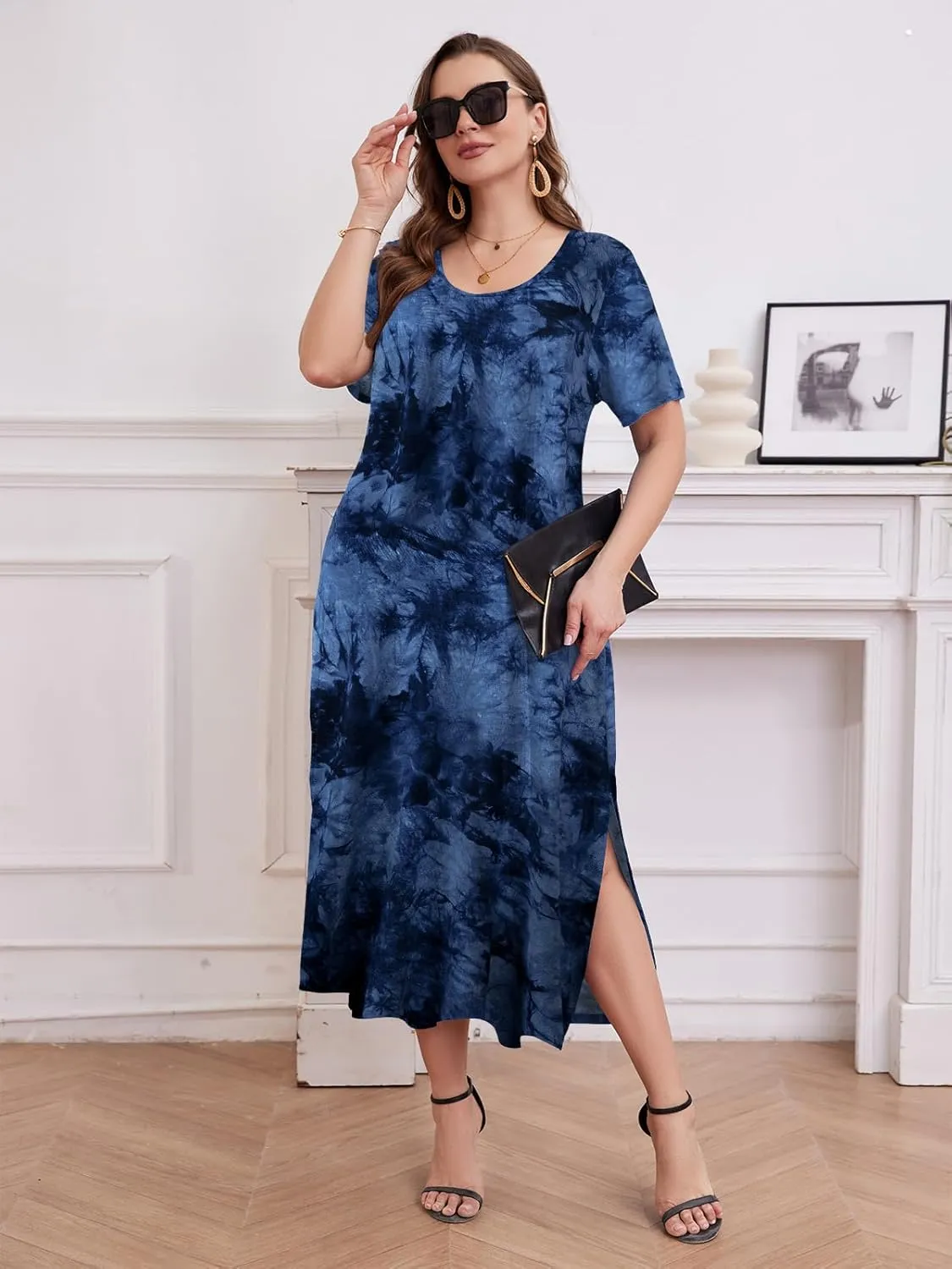 LARACE Plus Size Maxi Dress for Womens Summer Short Sleeve T Shirt Dress with Pockets Loose Fit Casual Sundresses with Slit