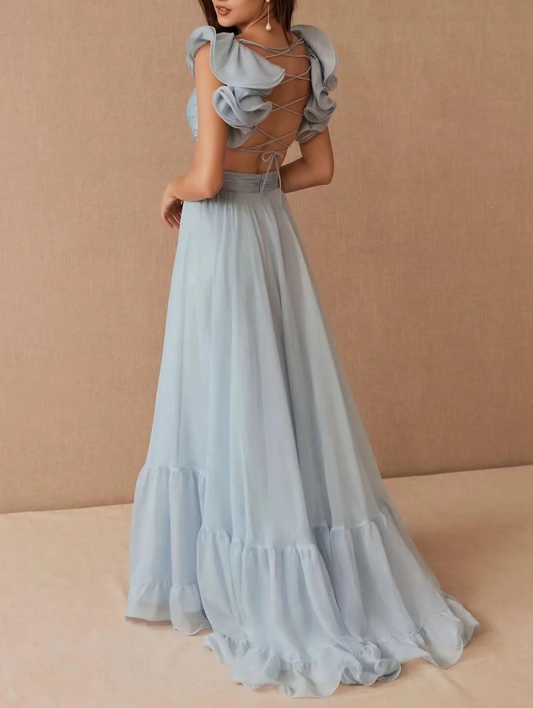 Lawrncedw Chiffon Ruffle Prom Dresses for Women V Neck Long Bridesmaid Dresses Backless Formal Evening Gowns A Line