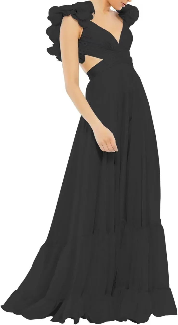 Lawrncedw Chiffon Ruffle Prom Dresses for Women V Neck Long Bridesmaid Dresses Backless Formal Evening Gowns A Line