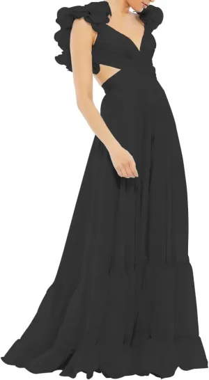 Lawrncedw Chiffon Ruffle Prom Dresses for Women V Neck Long Bridesmaid Dresses Backless Formal Evening Gowns A Line